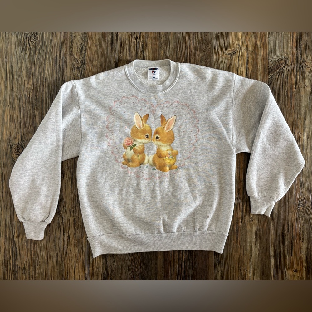 Vtg Jerzees Light Gray Crewneck Sweatshirt L Easter Bunnies Painted Heart Spring